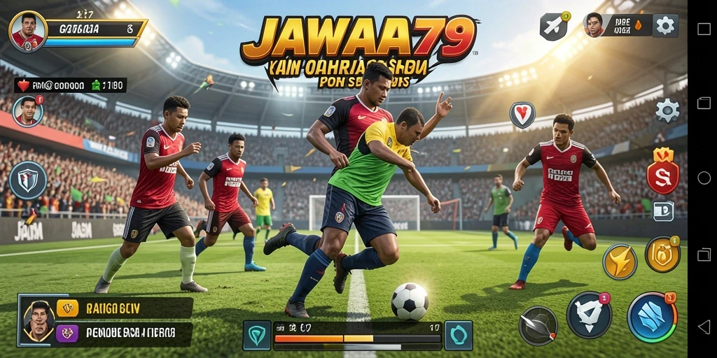Tampilan antarmuka JAWARA79 yang menampilkan gameplay olahraga yang menarik.