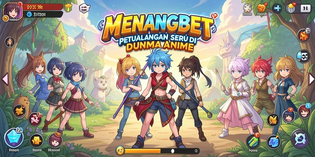 Tampilan gameplay <strong>MENANGBET</strong> yang penuh warna dan karakter anime.